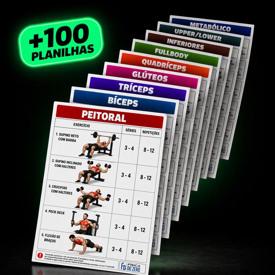 Amostra das planilhas de treino: fichas de peitoral, bíceps, tríceps, glúteos, quadríceps, fullbody, inferiores, upper/lower e metabólico, com séries e repetições.