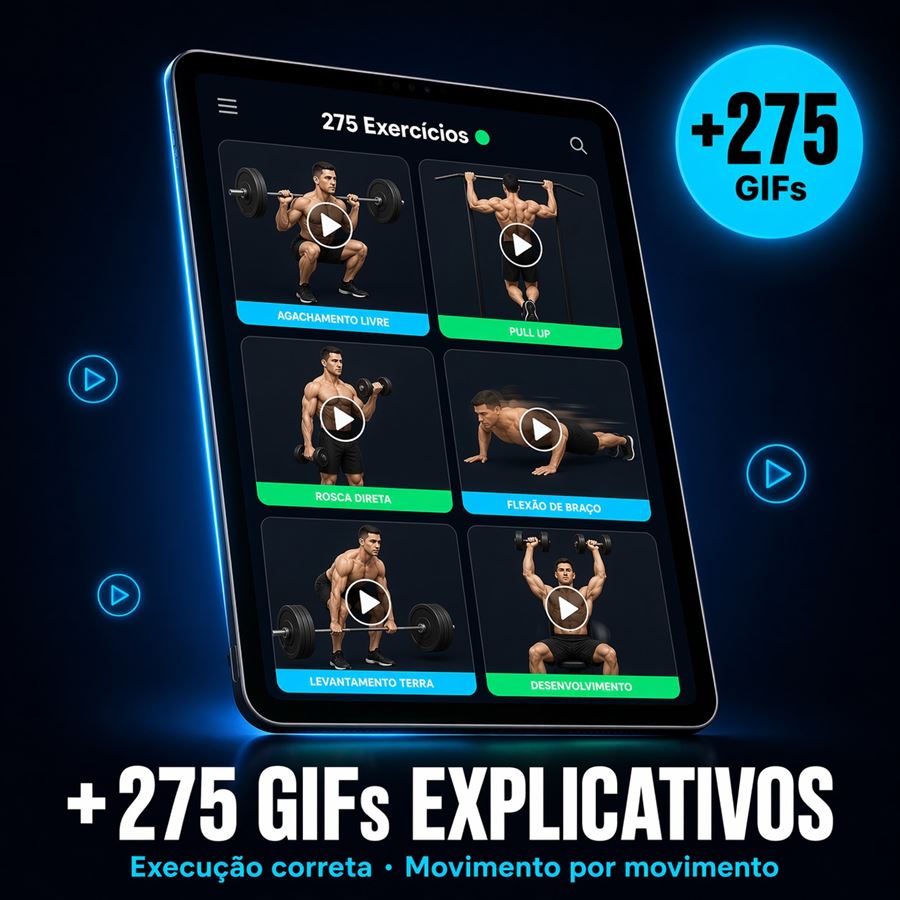 Tablet com a biblioteca de mais de 275 GIFs de exercícios, com agachamento livre, pull up, rosca direta, flexão de braço, levantamento terra e desenvolvimento.