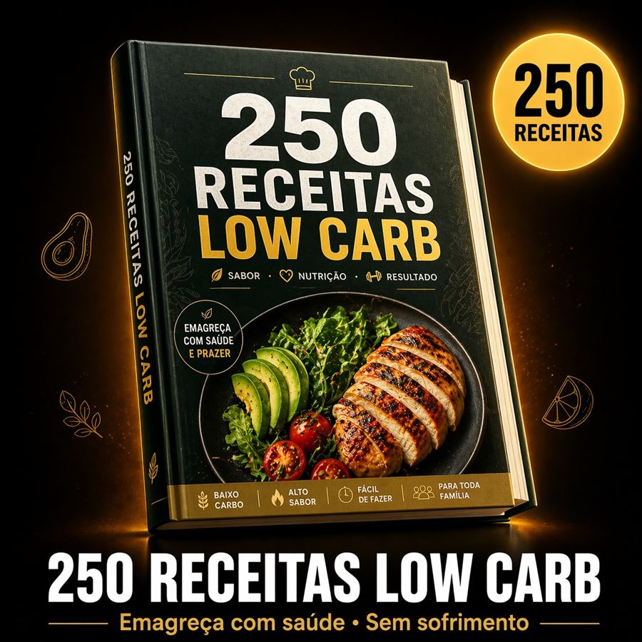 Capa do livro 250 Receitas Low Carb, com um prato de frango grelhado, abacate, tomate e rúcula.