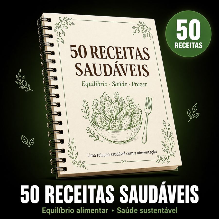 Capa do caderno 50 Receitas Saudáveis — equilíbrio, saúde e prazer.